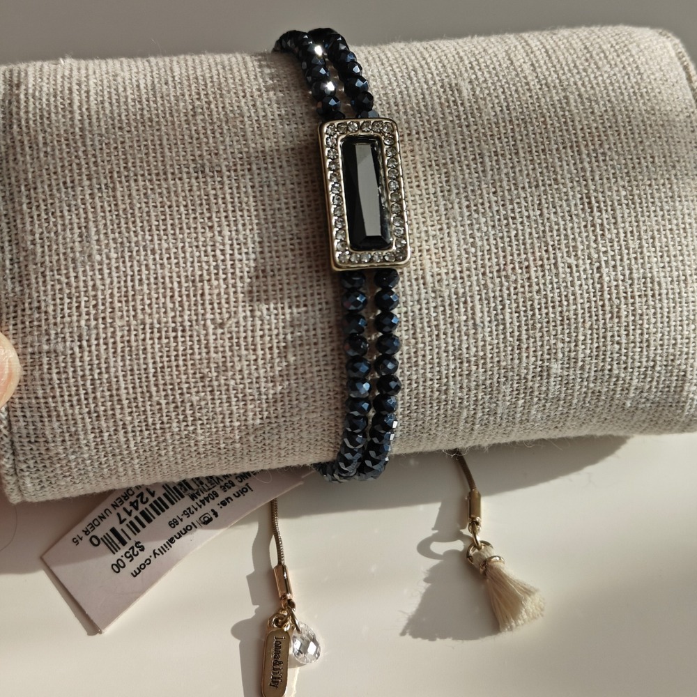 NEW Lonna & Lilly Bracelet Navy Blue Beaded Bolo Gold Tone Crystal Accent